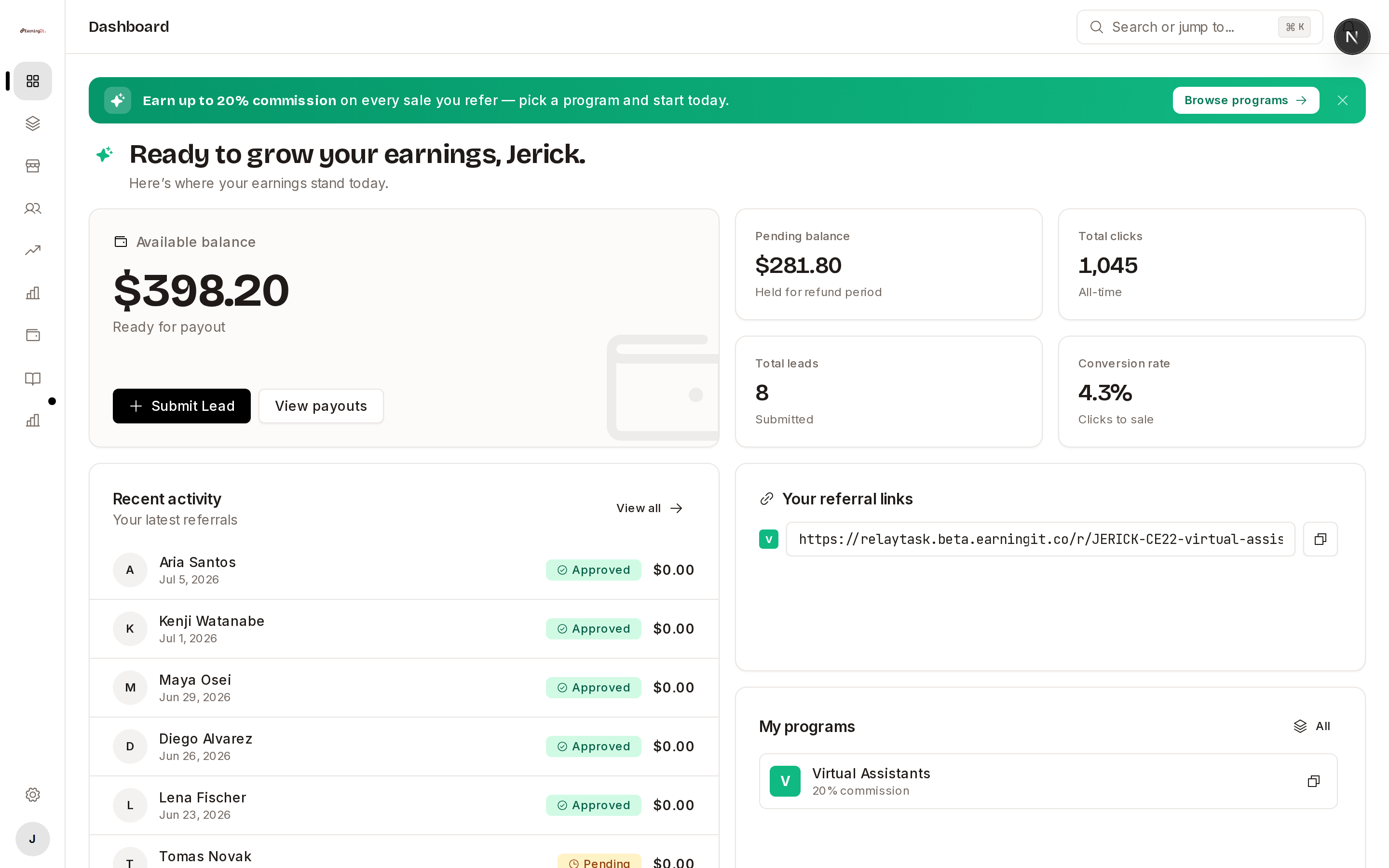 EarningIt affiliate dashboard showing balance, clicks and conversions