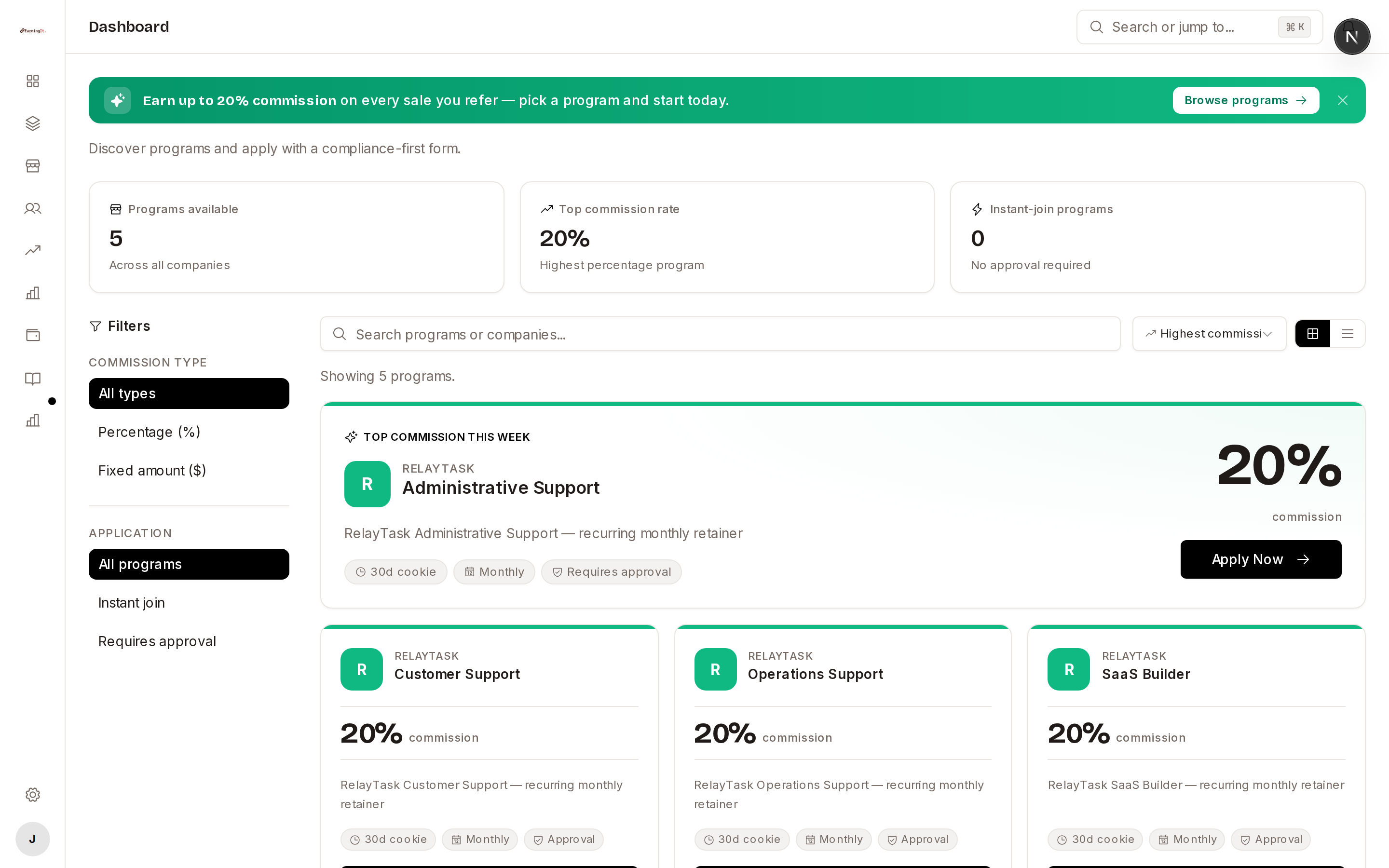 EarningIt marketplace showing programs with commission rates and filters