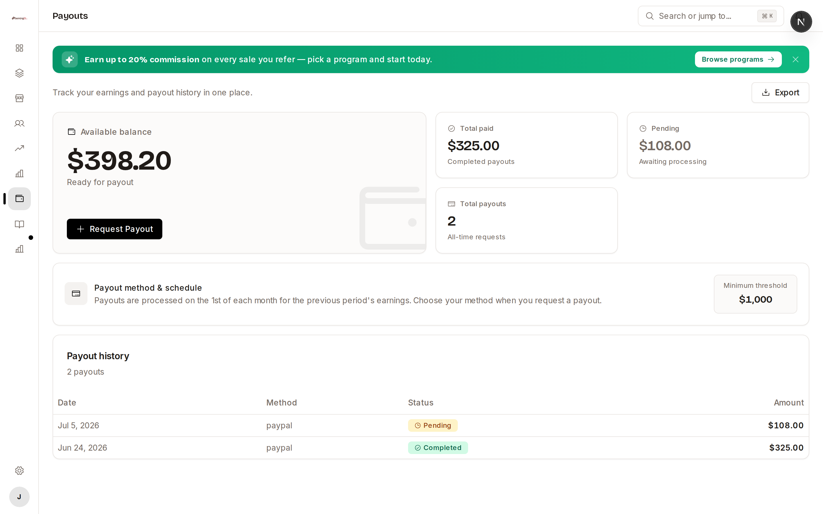 EarningIt payouts screen: payout method and history