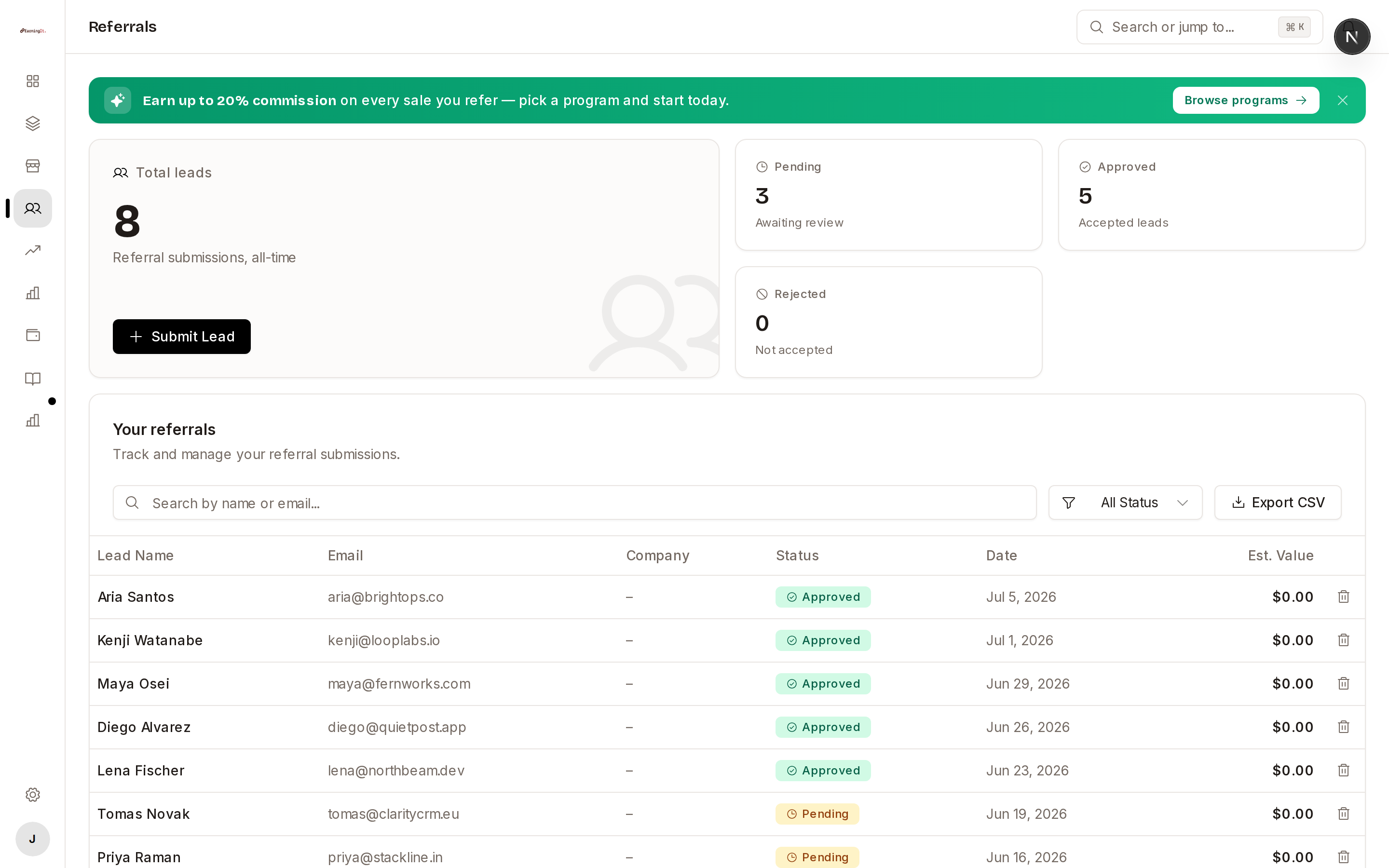 EarningIt referrals screen: tracking links and live referral activity